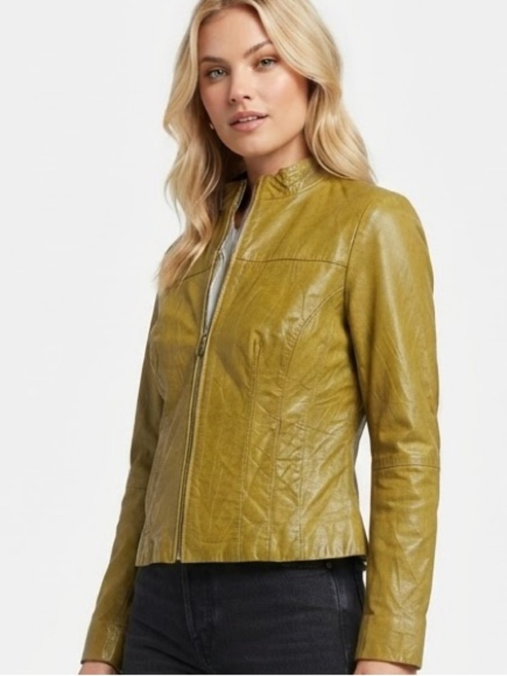 Vintage Y2K Olive Lime Green Genuine Leather Zip-Up Jacket Small
